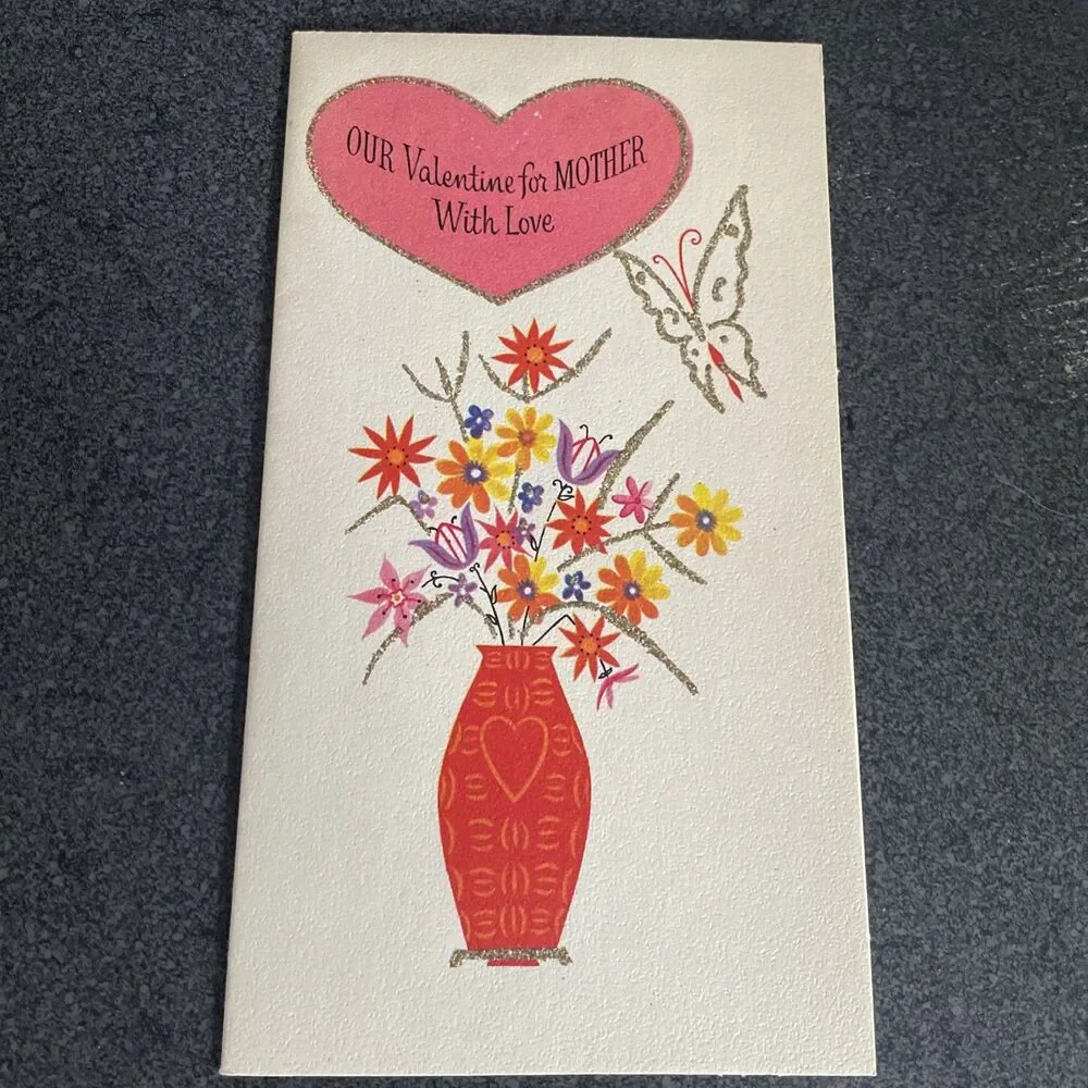 VTG Valentine Mom Butterfly Flowers Heart Card Gold Glitter Rust Craft